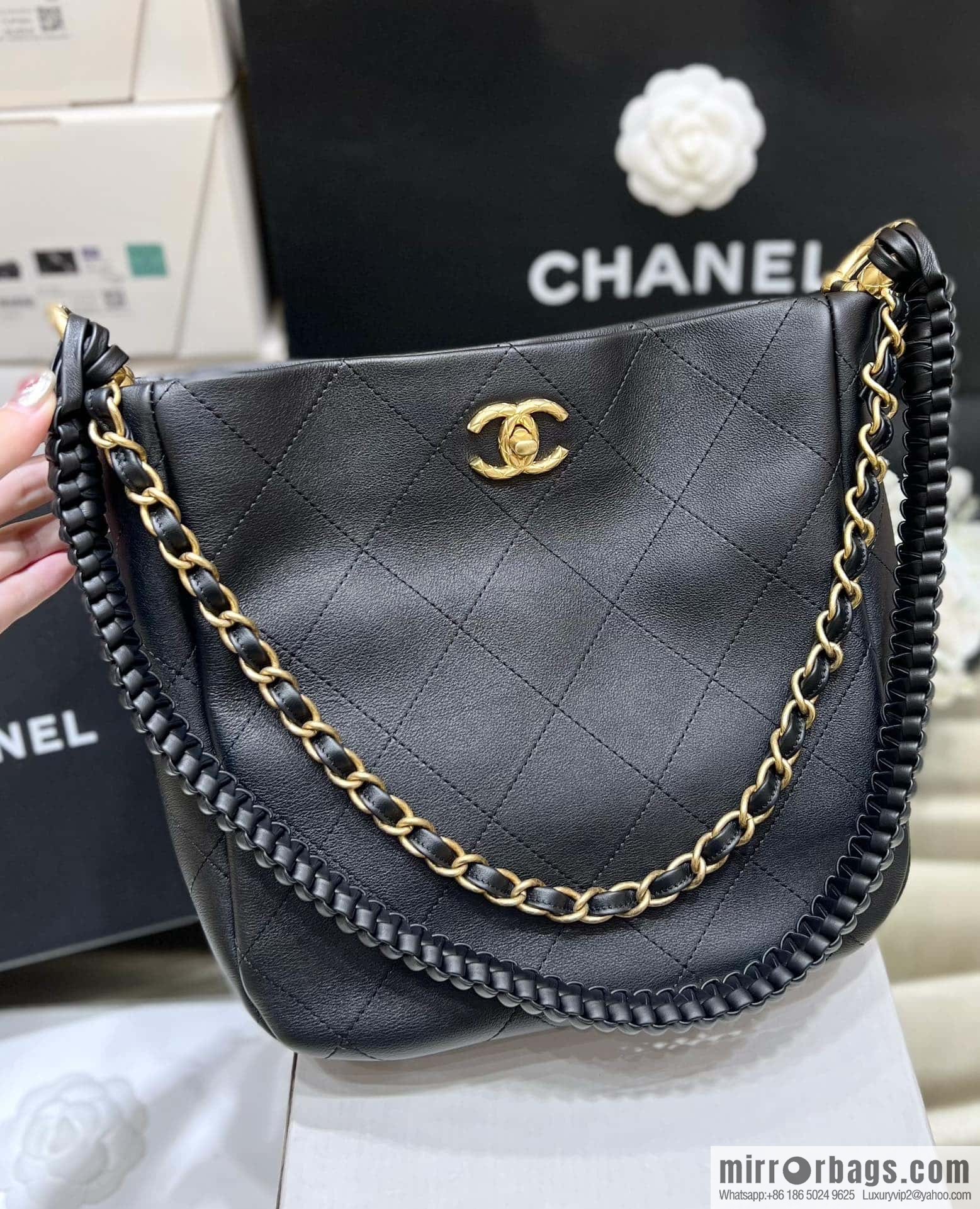 CHANEL 23A Premium Handicraft Collection, Woven Hippie Bag AS4210 black