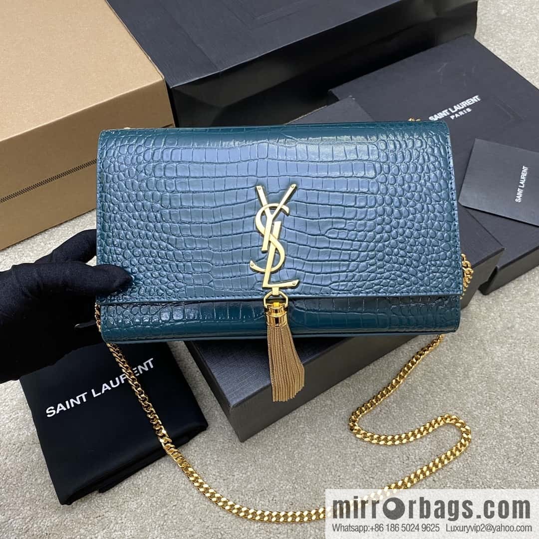 Y's most classic style Kate crocodile pattern chain strap crossbody bag small crocodile turquoise green/gold buckle Model: 377829