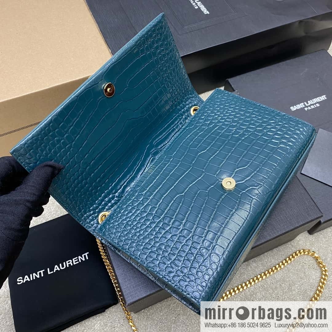 Y's most classic style Kate crocodile pattern chain strap crossbody bag small crocodile turquoise green/gold buckle Model: 377829