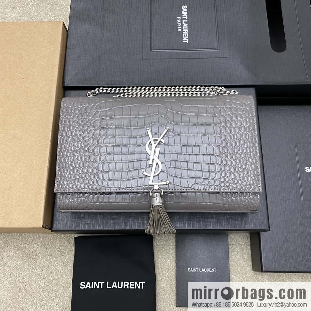 Y's most classic style Kate crocodile pattern chain strap crossbody bag gray crocodile/gold buckle Model: 377829
