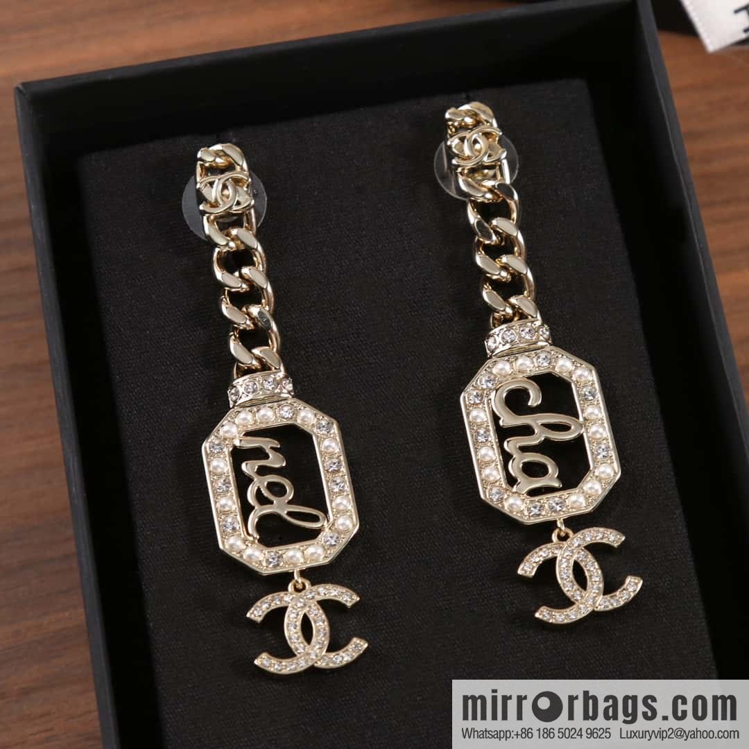 New ☑️ Chanel C3 double c chain octagonal letter pearl stud earrings