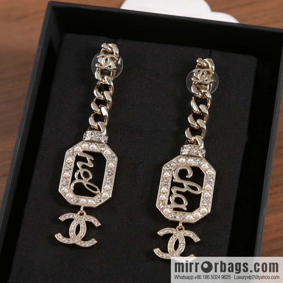New ☑️ Chanel C3 double c chain octagonal letter pearl stud earrings