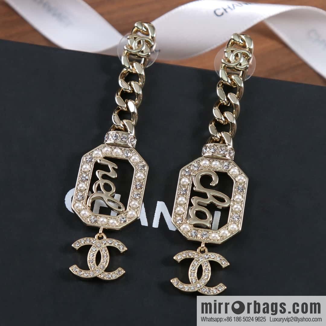 New ☑️ Chanel C3 double c chain octagonal letter pearl stud earrings