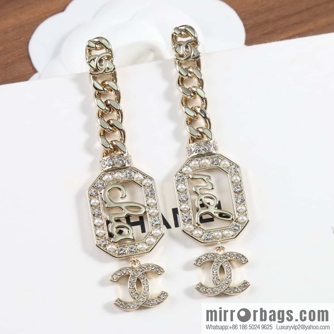 New ☑️ Chanel C3 double c chain octagonal letter pearl stud earrings