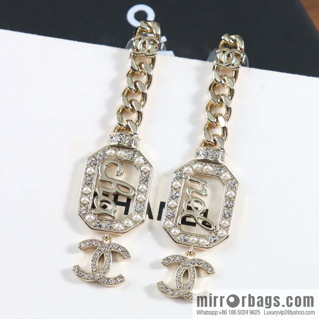New ☑️ Chanel C3 double c chain octagonal letter pearl stud earrings