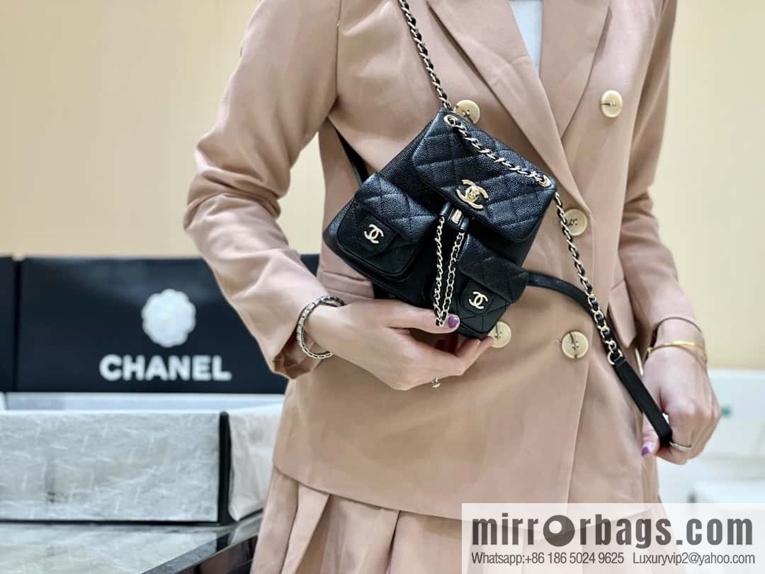 CHANEL 23P spring and summer trailer series, lychee leather duma double backpack AS3787 black