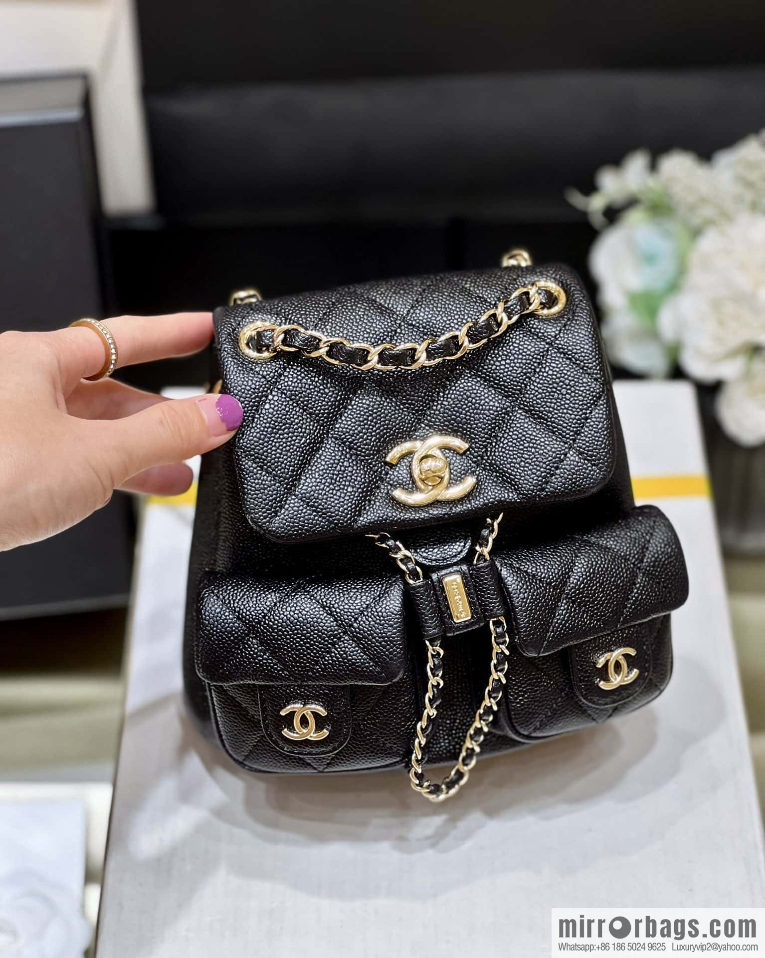 CHANEL 23P spring and summer trailer series, lychee leather duma double backpack AS3787 black