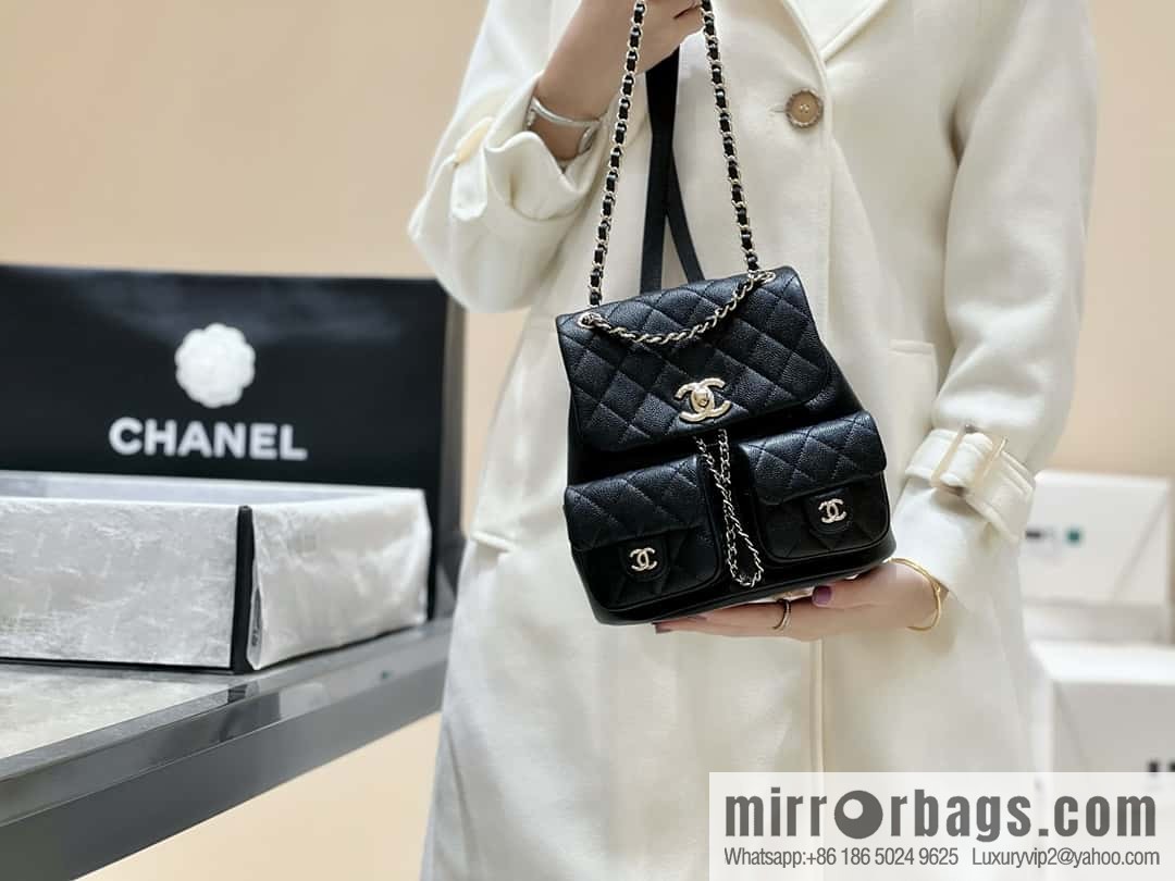 CHANEL 23P spring and summer trailer series, lychee leather duma double backpack AS3860 black