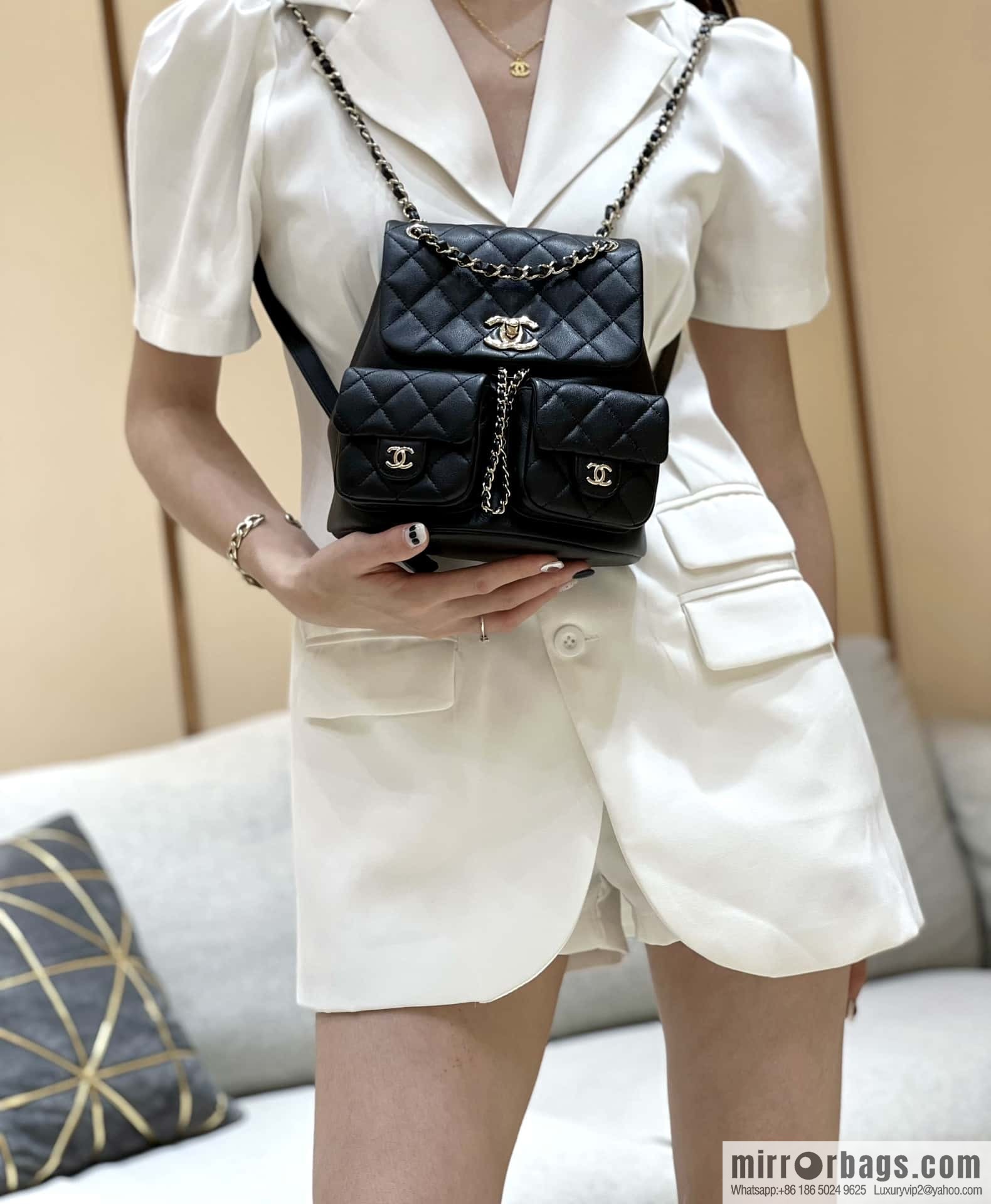 CHANEL 23P spring and summer trailer series, plain weave duma double backpack AS3860 black