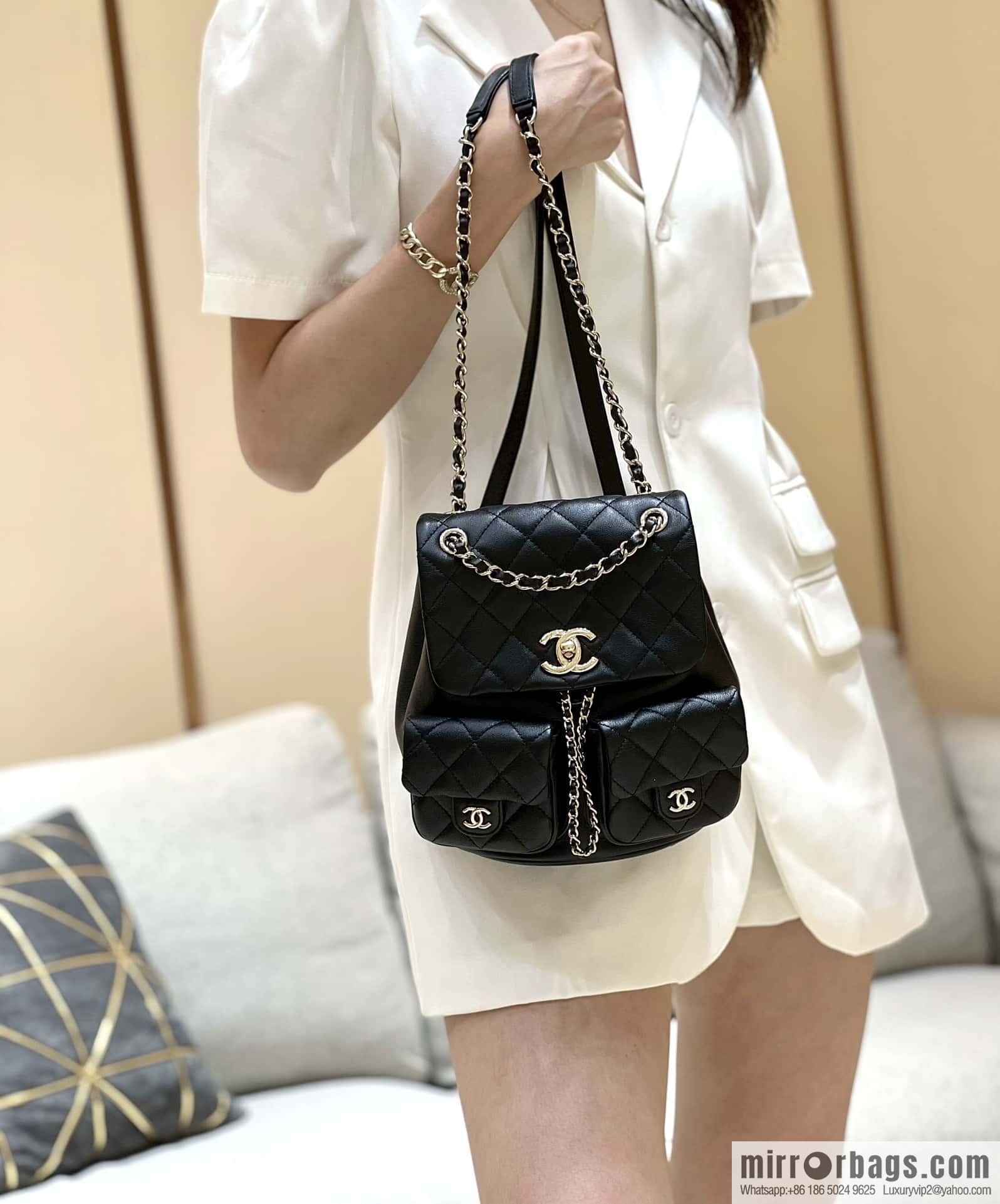 CHANEL 23P spring and summer trailer series, plain weave duma double backpack AS3860 black