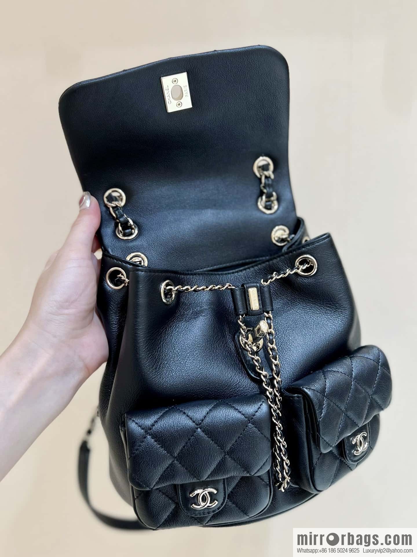 CHANEL 23P spring and summer trailer series, plain weave duma double backpack AS3860 black