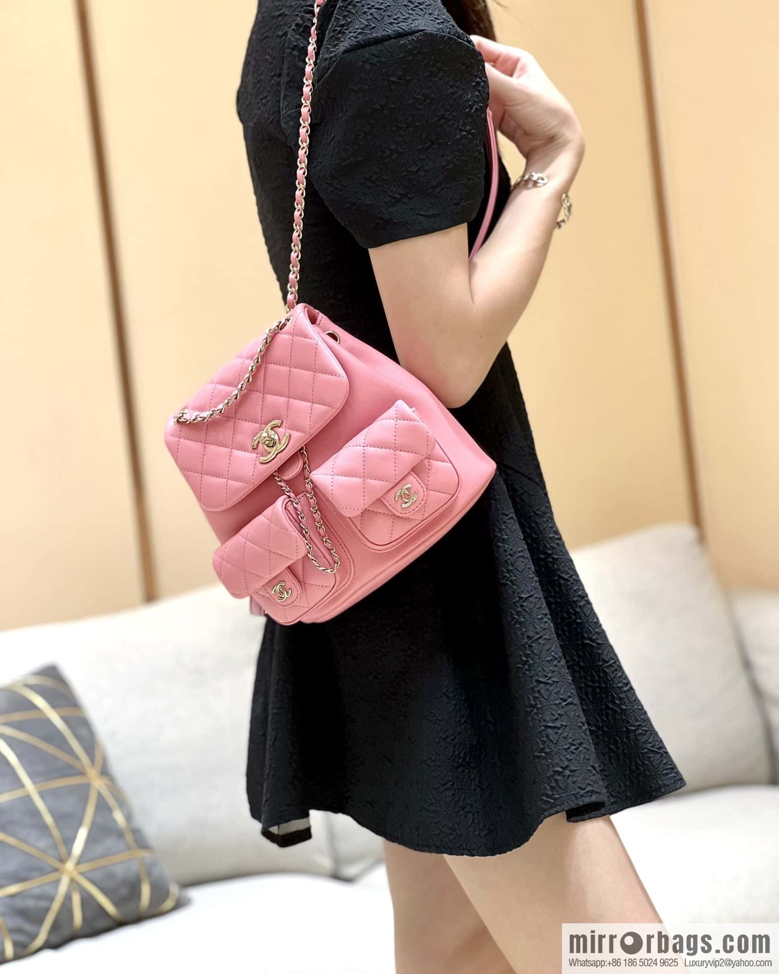 CHANEL 23P spring and summer trailer series, plain weave duma double backpack AS3860 pink