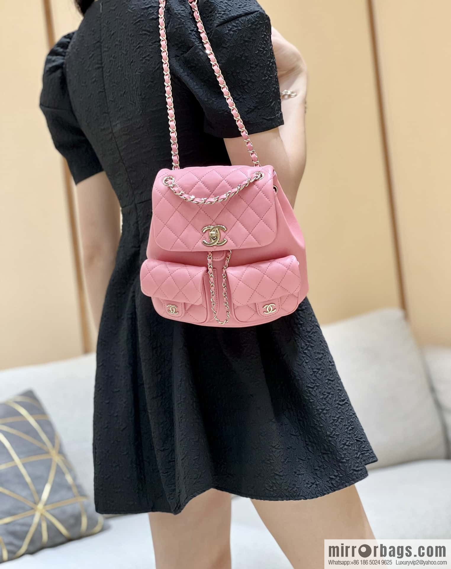 CHANEL 23P spring and summer trailer series, plain weave duma double backpack AS3860 pink