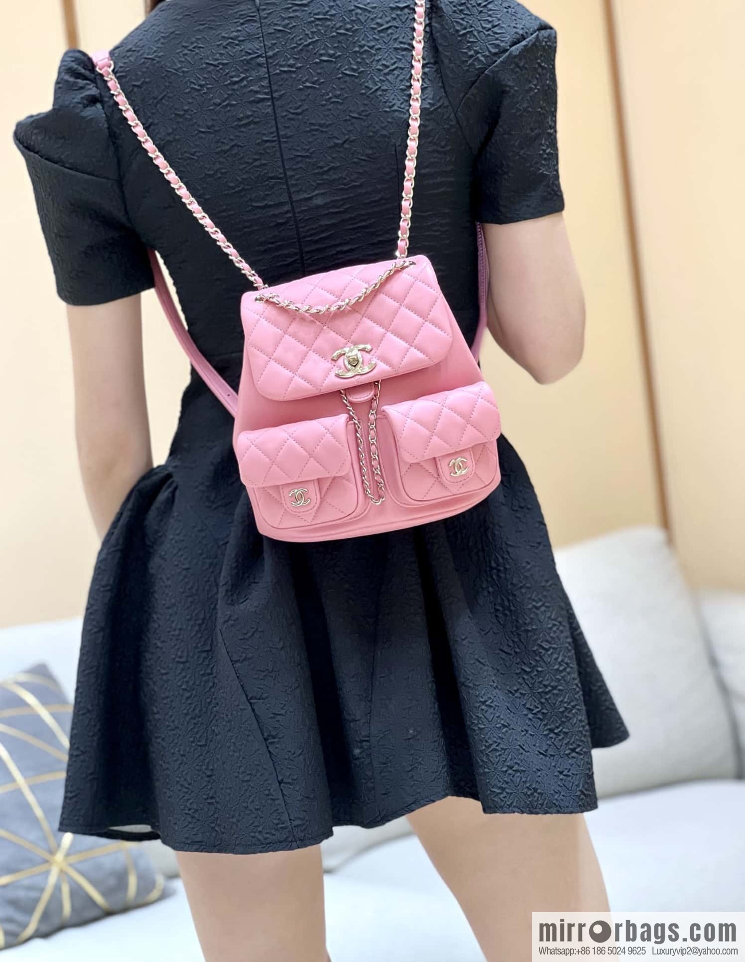 CHANEL 23P spring and summer trailer series, plain weave duma double backpack AS3860 pink