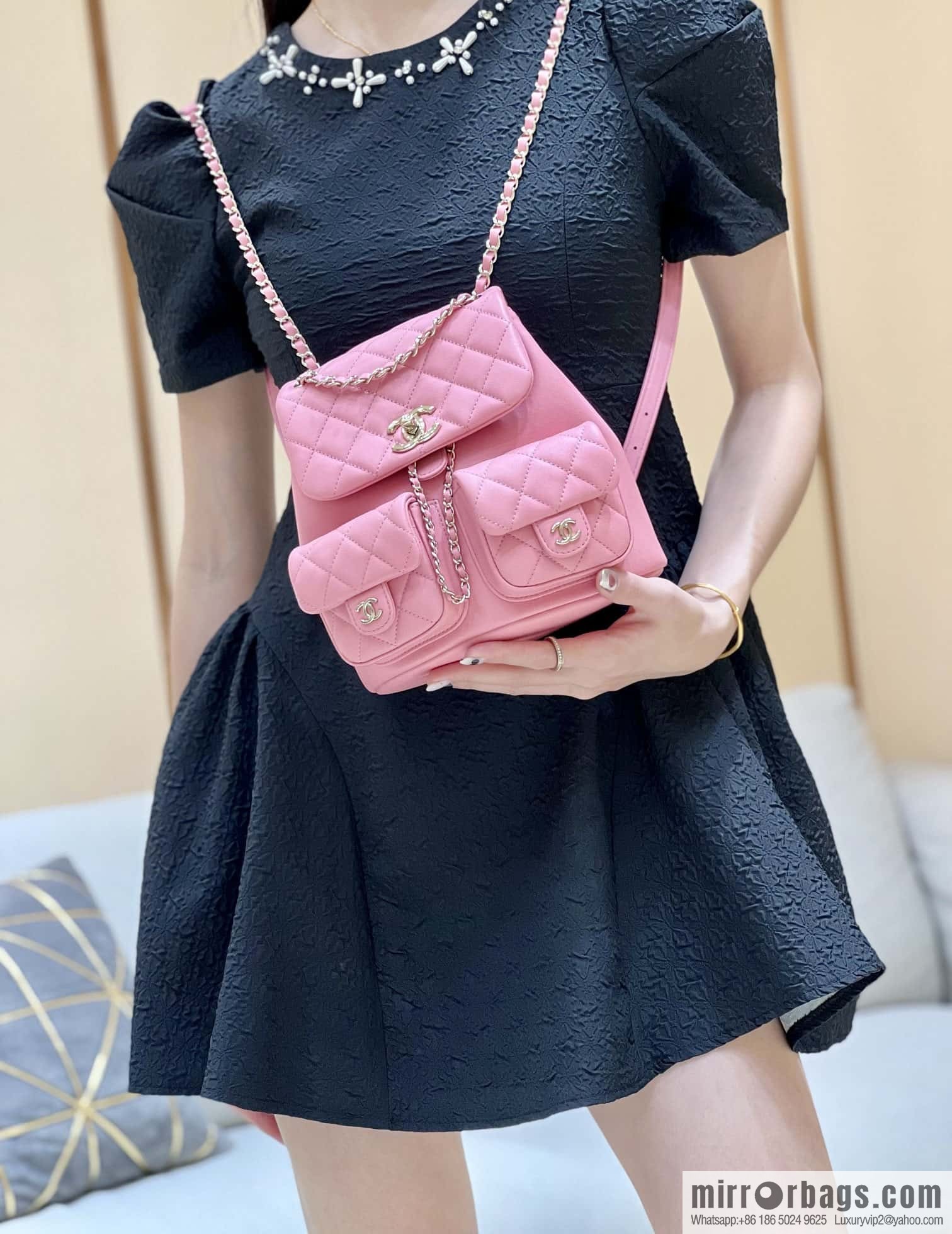 CHANEL 23P spring and summer trailer series, plain weave duma double backpack AS3860 pink