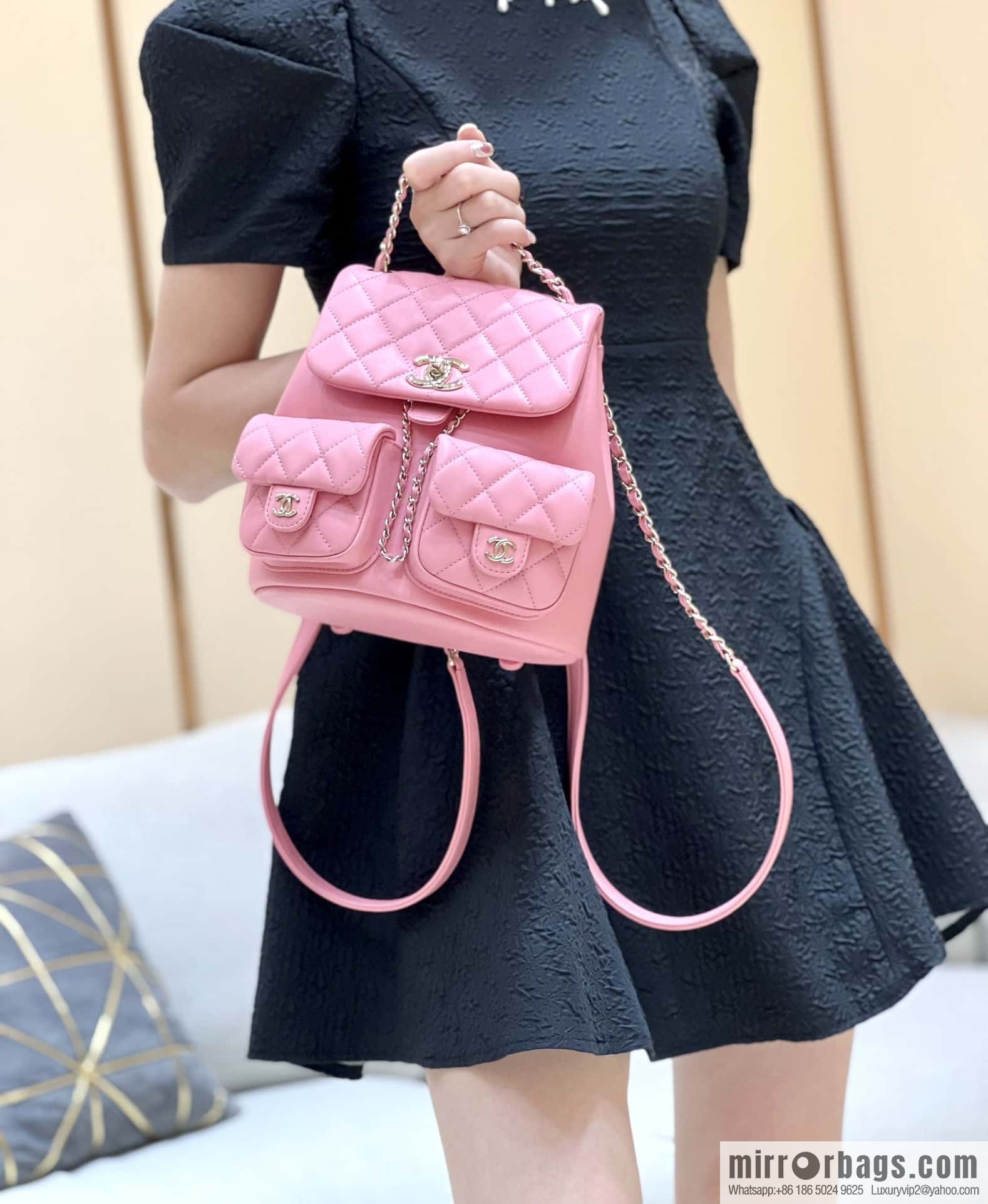 CHANEL 23P spring and summer trailer series, plain weave duma double backpack AS3860 pink