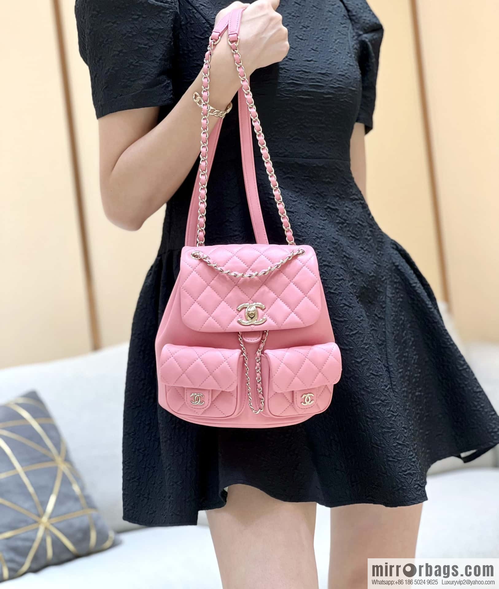 CHANEL 23P spring and summer trailer series, plain weave duma double backpack AS3860 pink