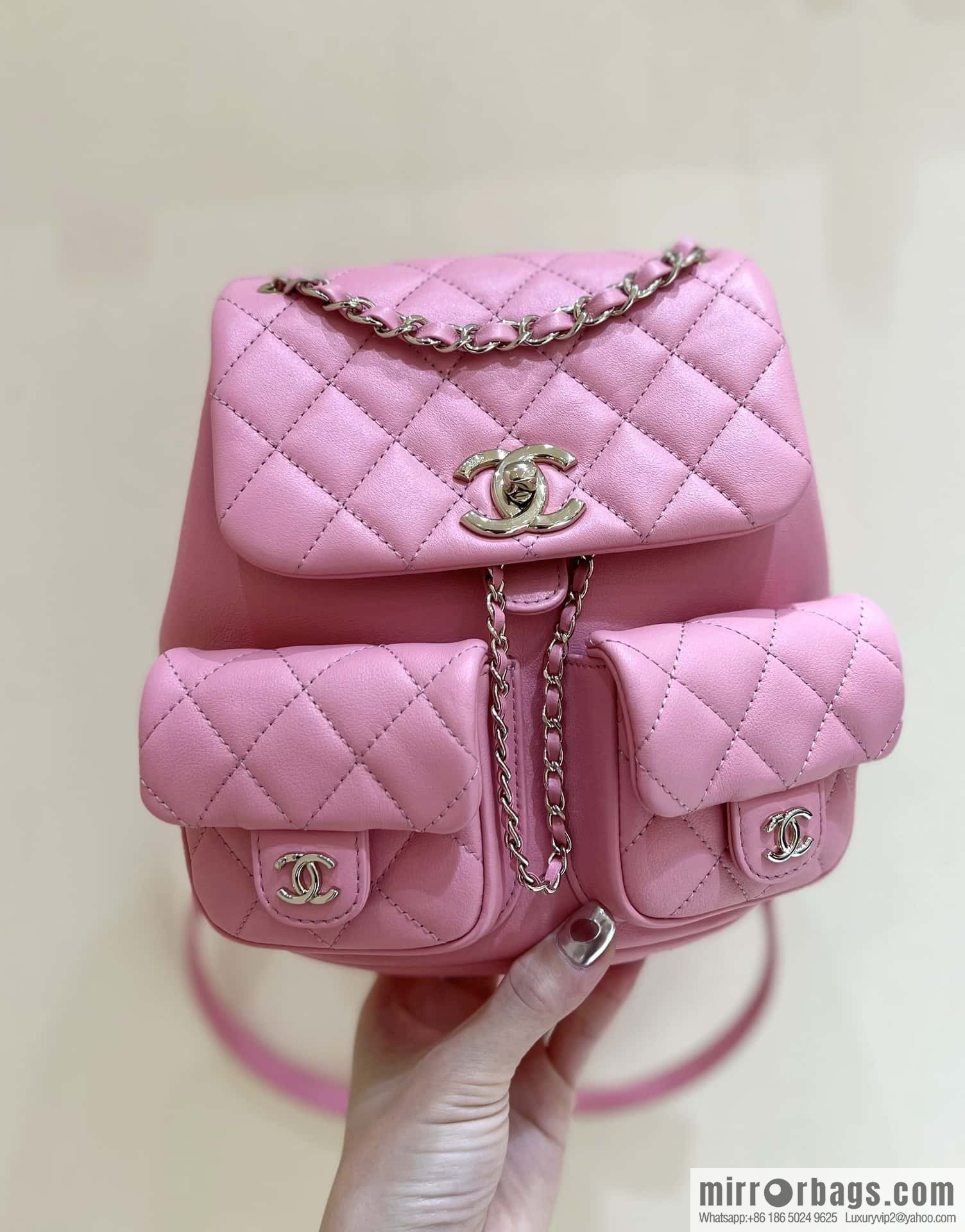 CHANEL 23P spring and summer trailer series, plain weave duma double backpack AS3860 pink