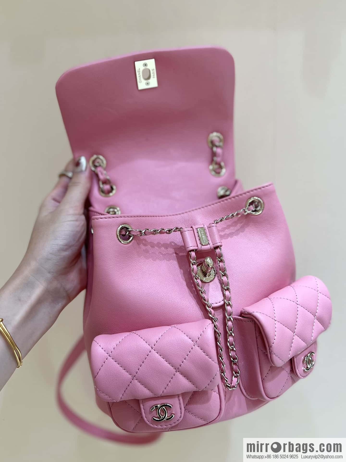 CHANEL 23P spring and summer trailer series, plain weave duma double backpack AS3860 pink