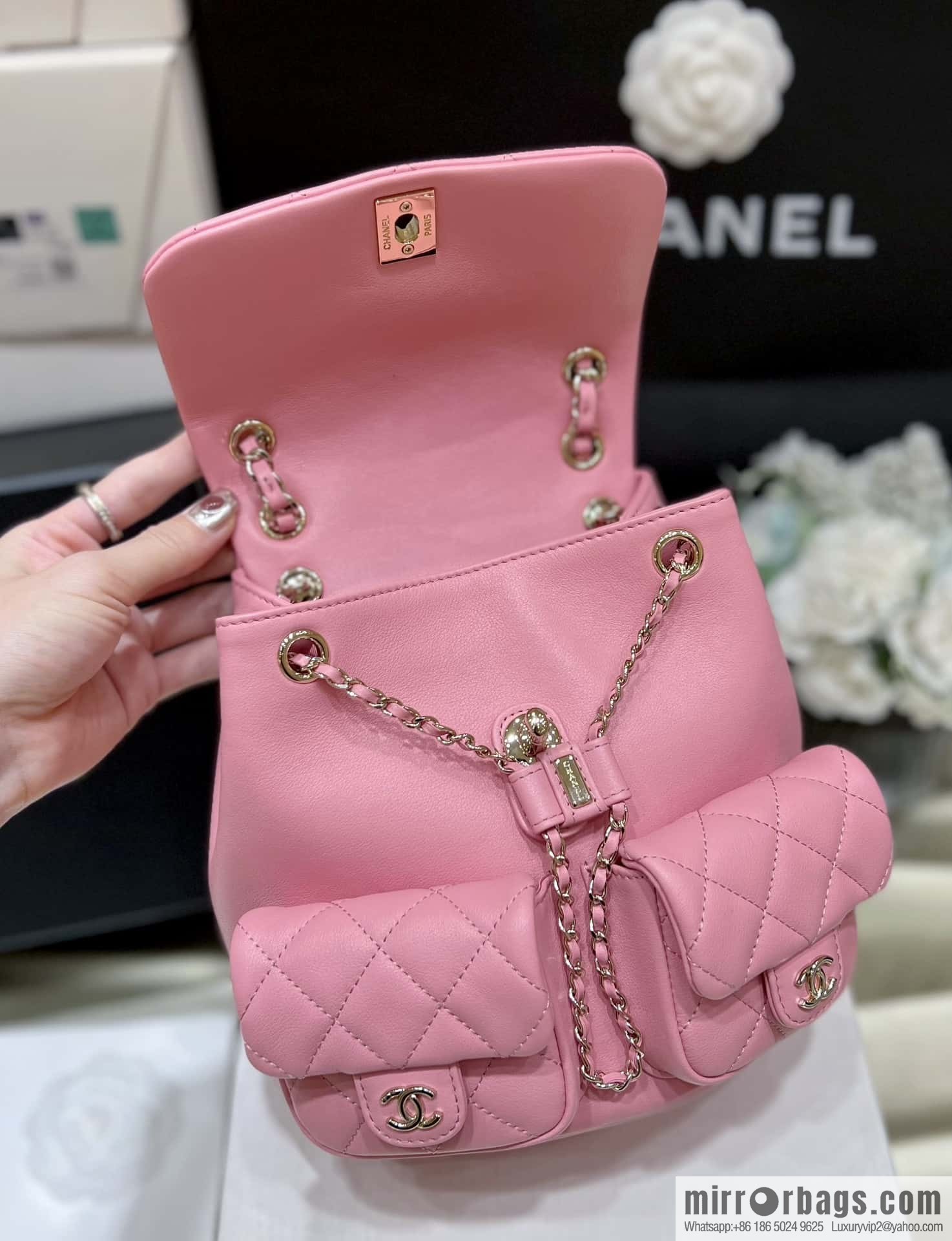 CHANEL 23P spring and summer trailer series, plain weave duma double backpack AS3860 pink