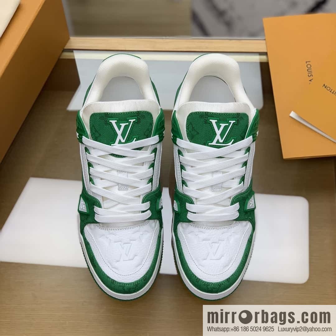 LV green denim patchwork white leather Vuitton logo His & Hers sports running shoes