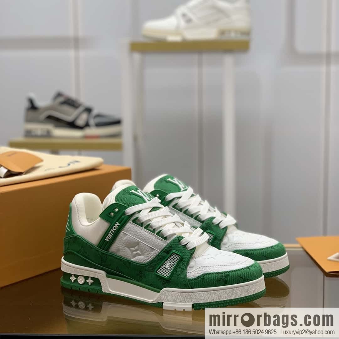 LV green denim patchwork white leather Vuitton logo His & Hers sports running shoes