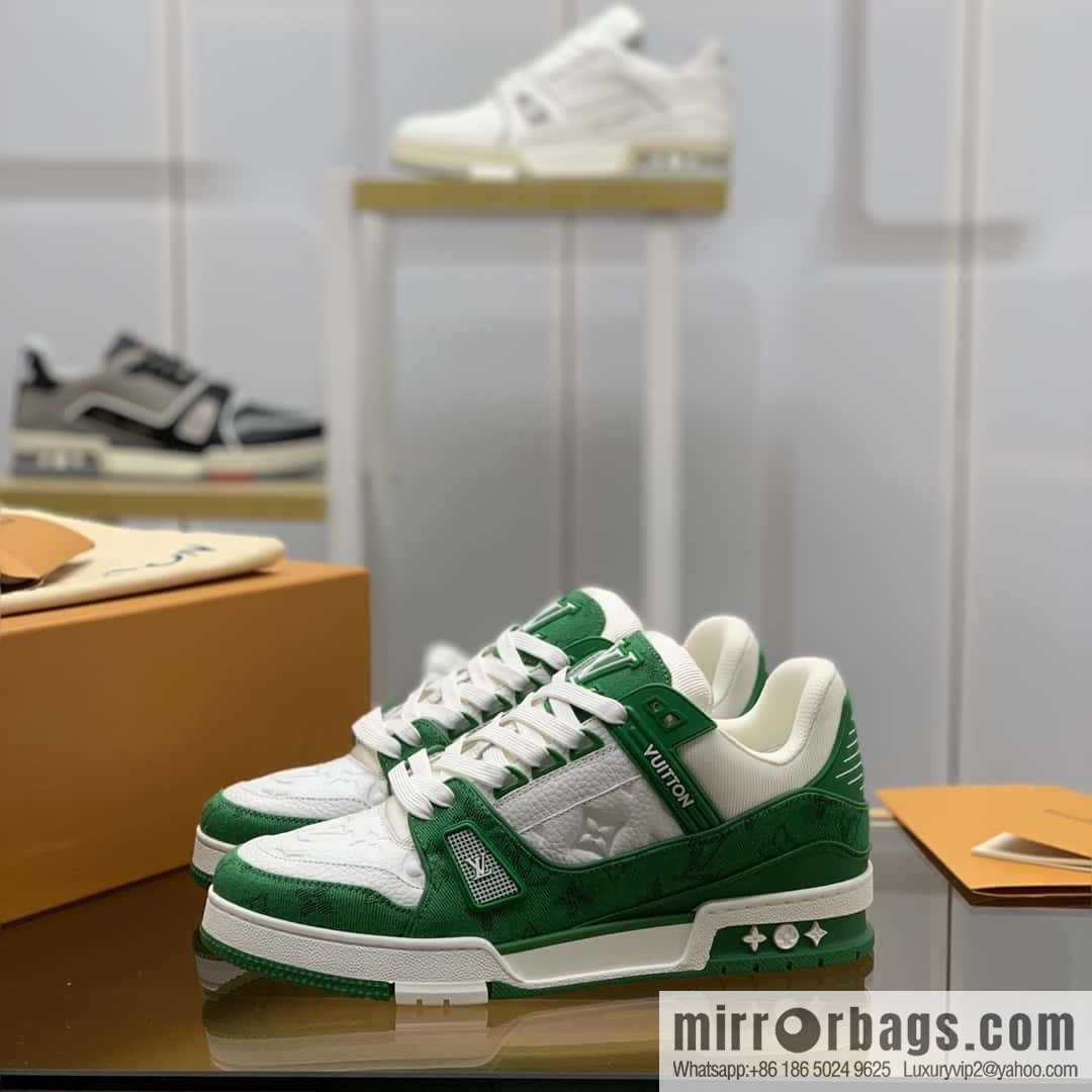 LV green denim patchwork white leather Vuitton logo His & Hers sports running shoes