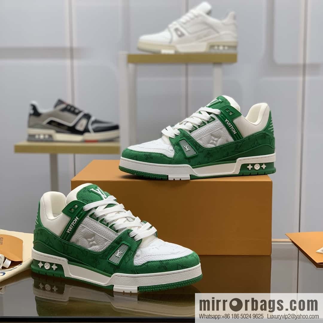 LV green denim patchwork white leather Vuitton logo His & Hers sports running shoes