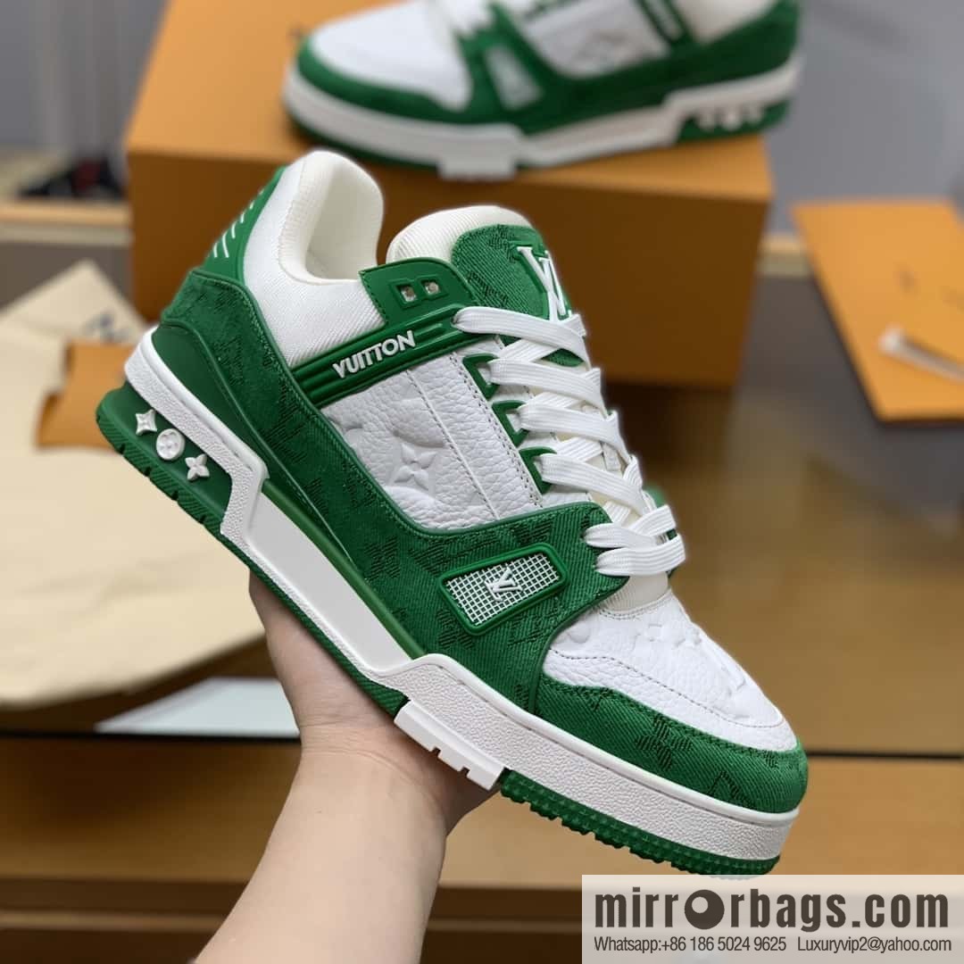 LV green denim patchwork white leather Vuitton logo His & Hers sports running shoes
