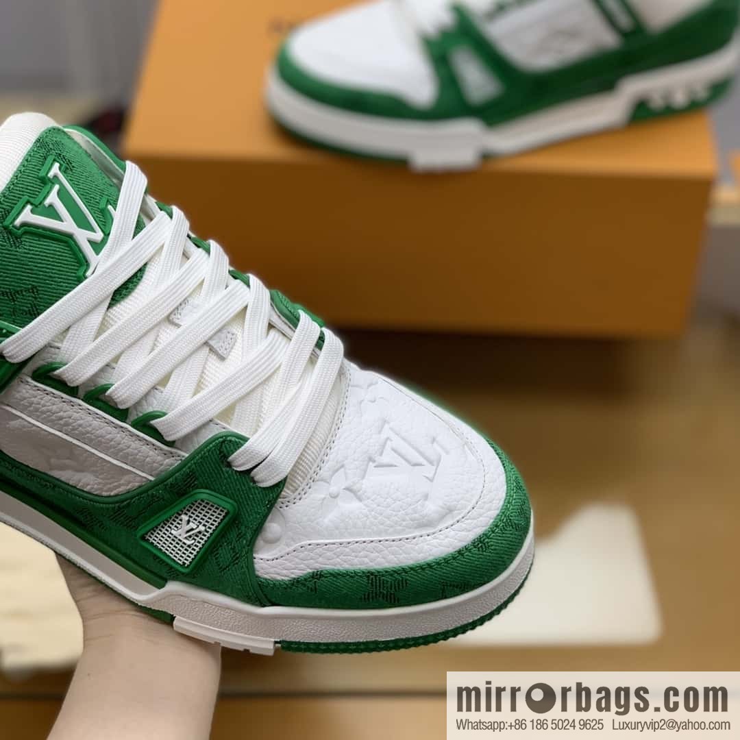 LV green denim patchwork white leather Vuitton logo His & Hers sports running shoes