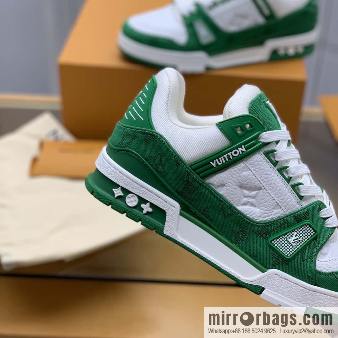 LV green denim patchwork white leather Vuitton logo His & Hers sports running shoes