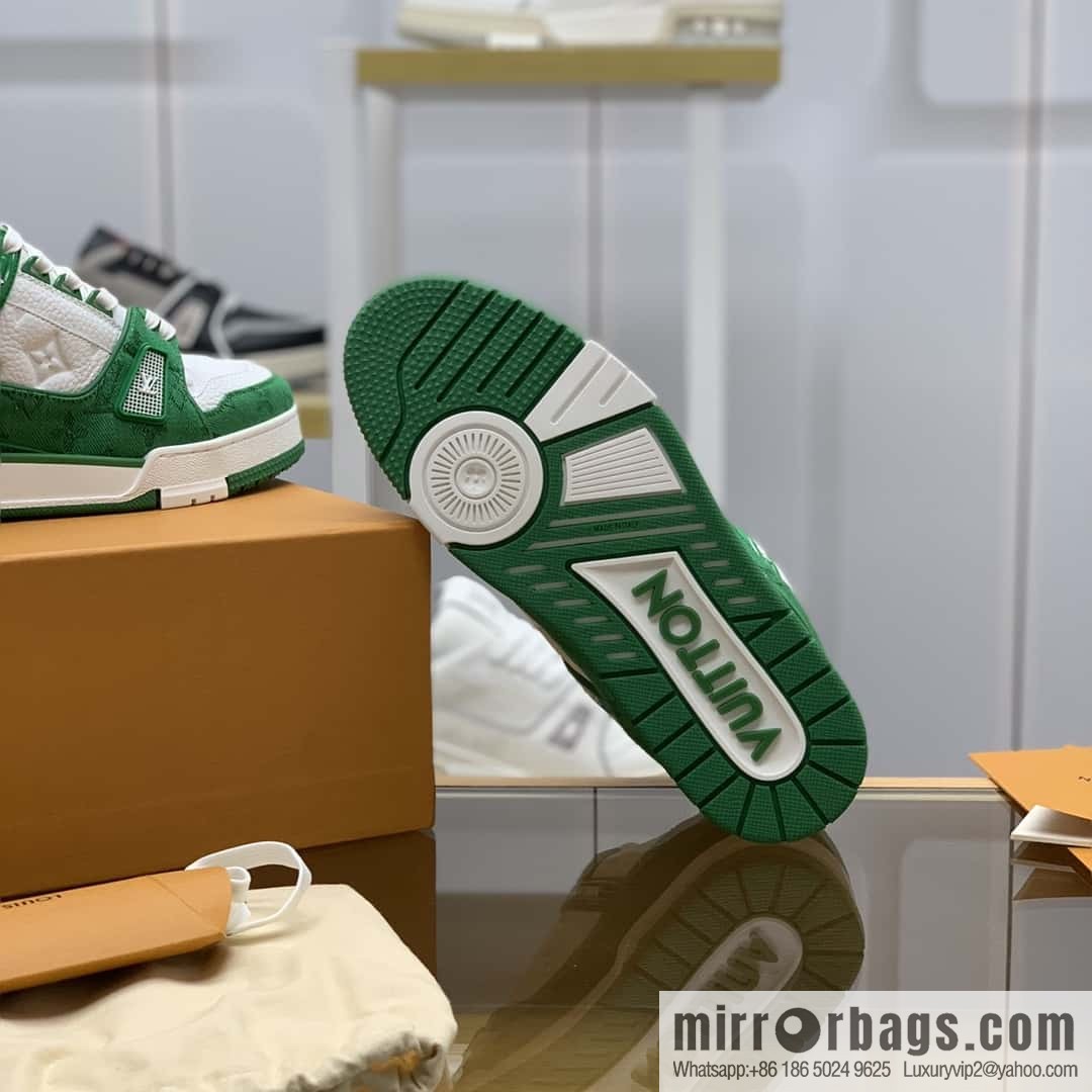 LV green denim patchwork white leather Vuitton logo His & Hers sports running shoes