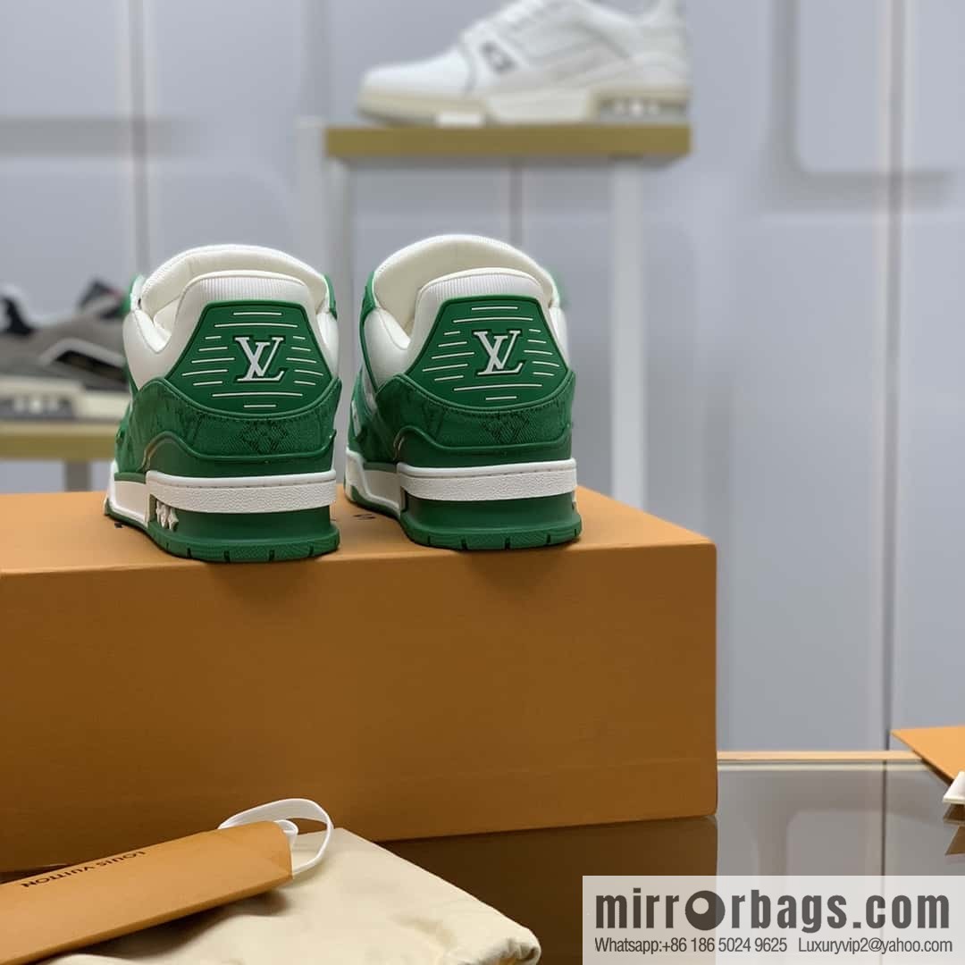 LV green denim patchwork white leather Vuitton logo His & Hers sports running shoes