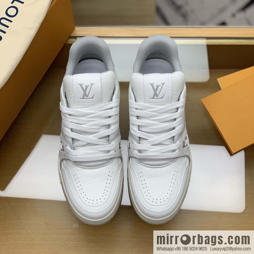 LV White Calfskin Vuitton Logo His & Hers Sports Casual Shoes