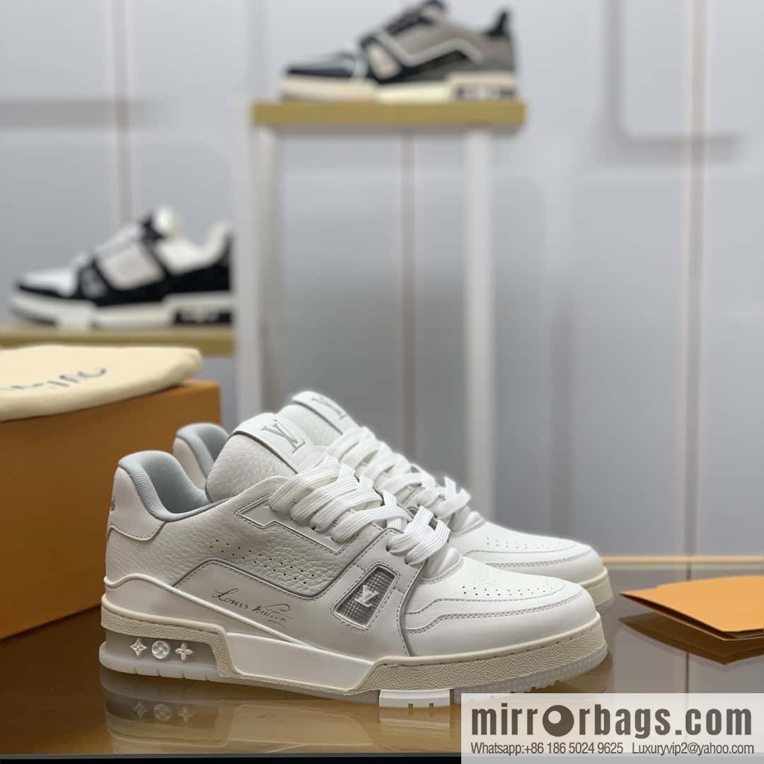 LV White Calfskin Vuitton Logo His & Hers Sports Casual Shoes