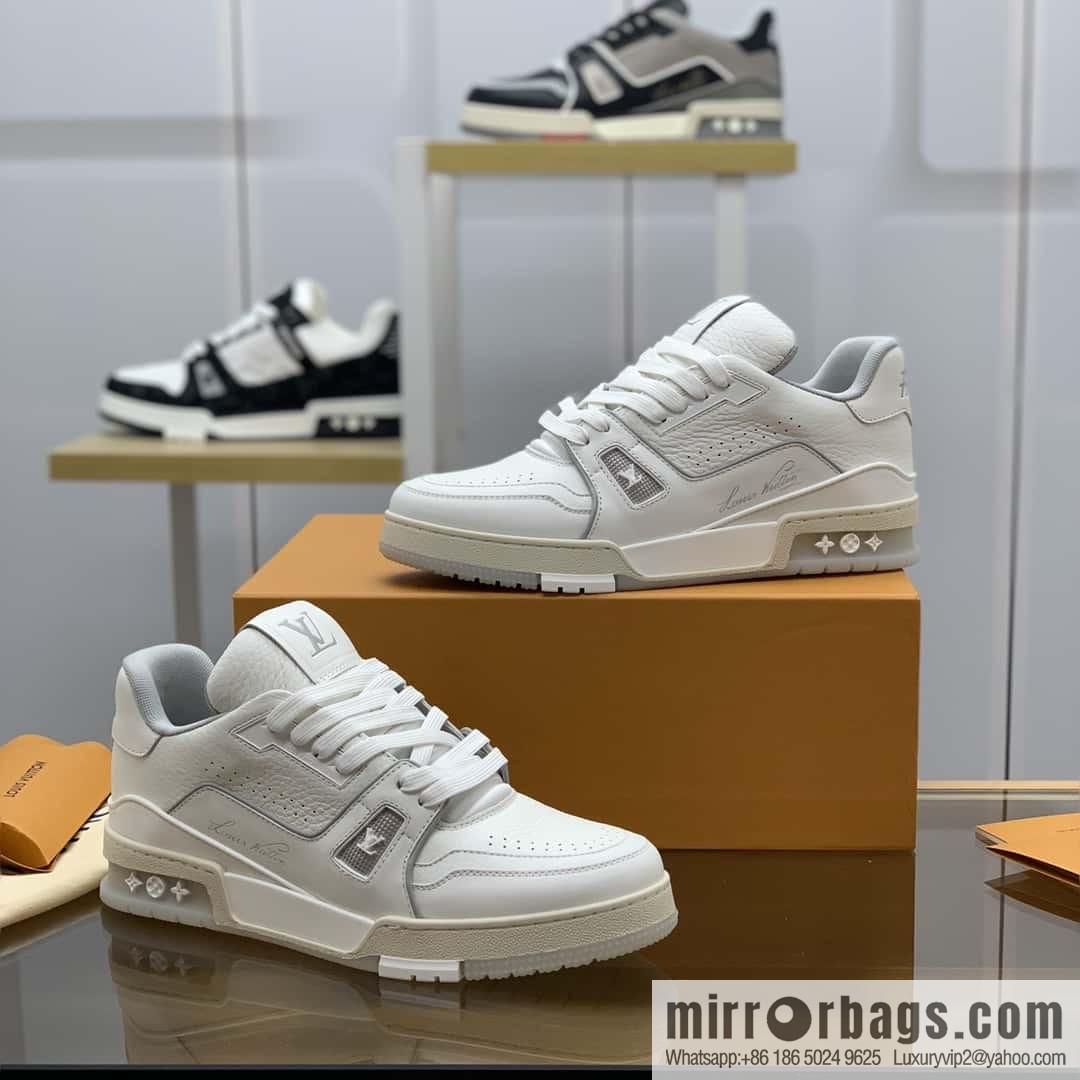 LV White Calfskin Vuitton Logo His & Hers Sports Casual Shoes