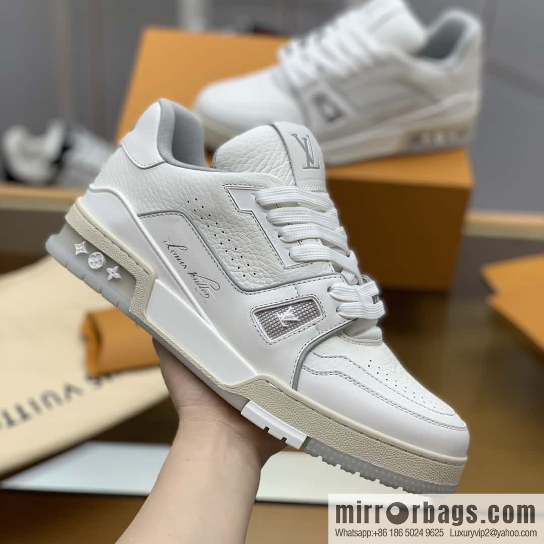 LV White Calfskin Vuitton Logo His & Hers Sports Casual Shoes