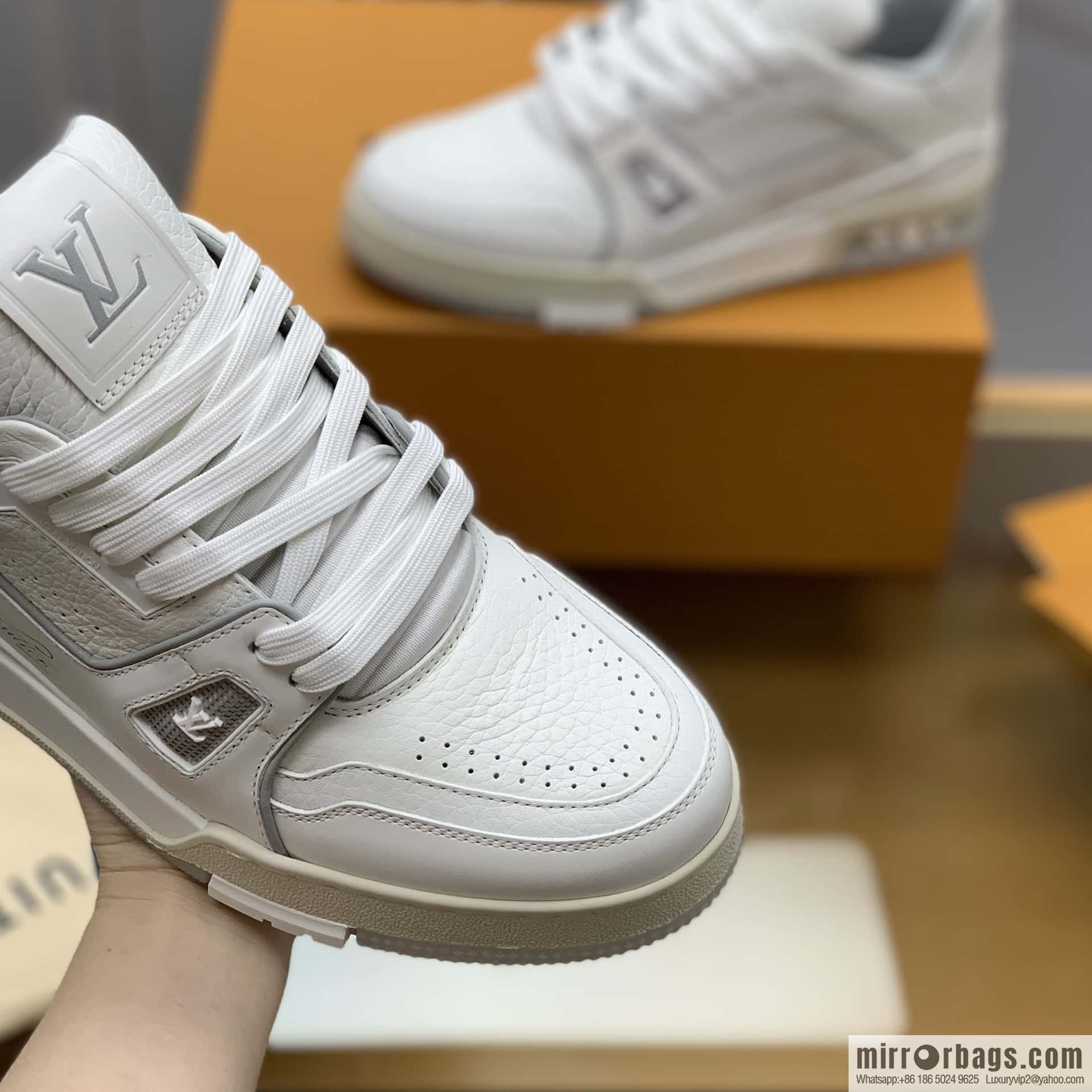 LV White Calfskin Vuitton Logo His & Hers Sports Casual Shoes