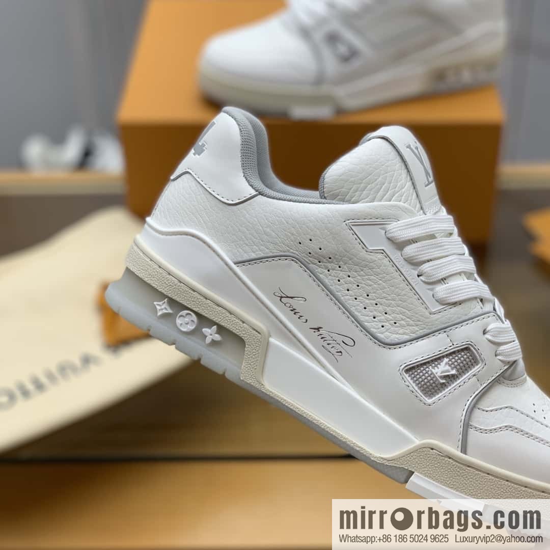 LV White Calfskin Vuitton Logo His & Hers Sports Casual Shoes