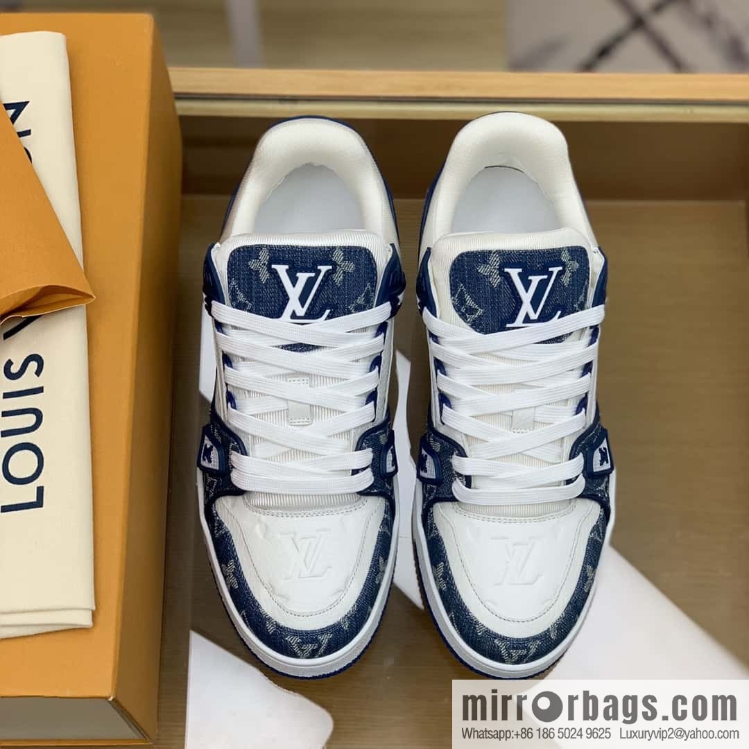 LV blue denim patchwork white leather Vuitton logo His & Hers sports running shoes