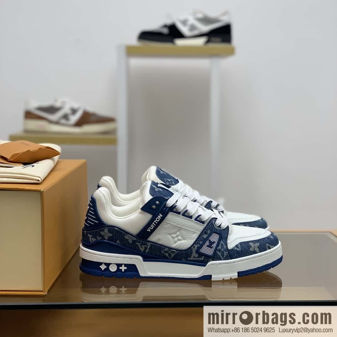 LV blue denim patchwork white leather Vuitton logo His & Hers sports running shoes