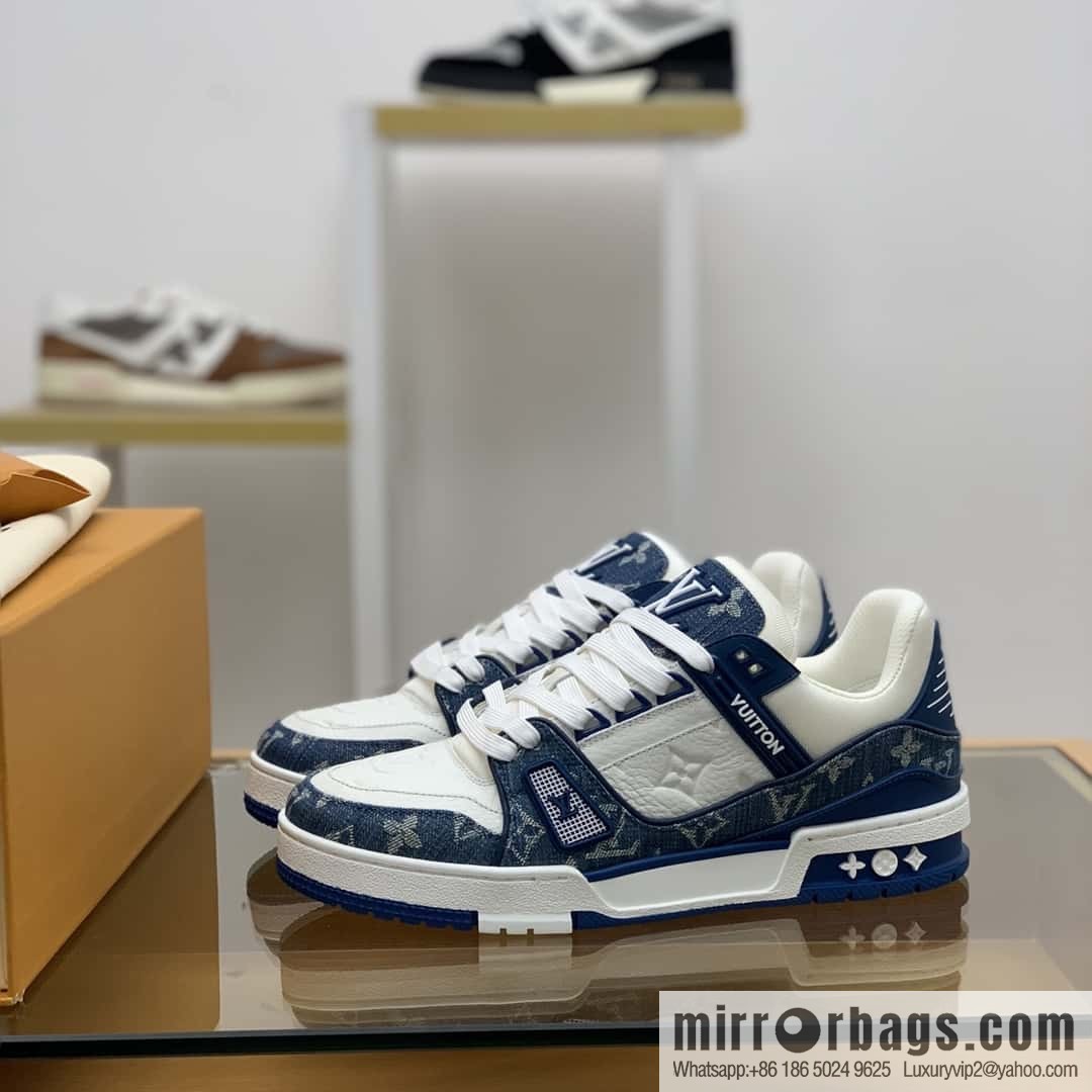 LV blue denim patchwork white leather Vuitton logo His & Hers sports running shoes