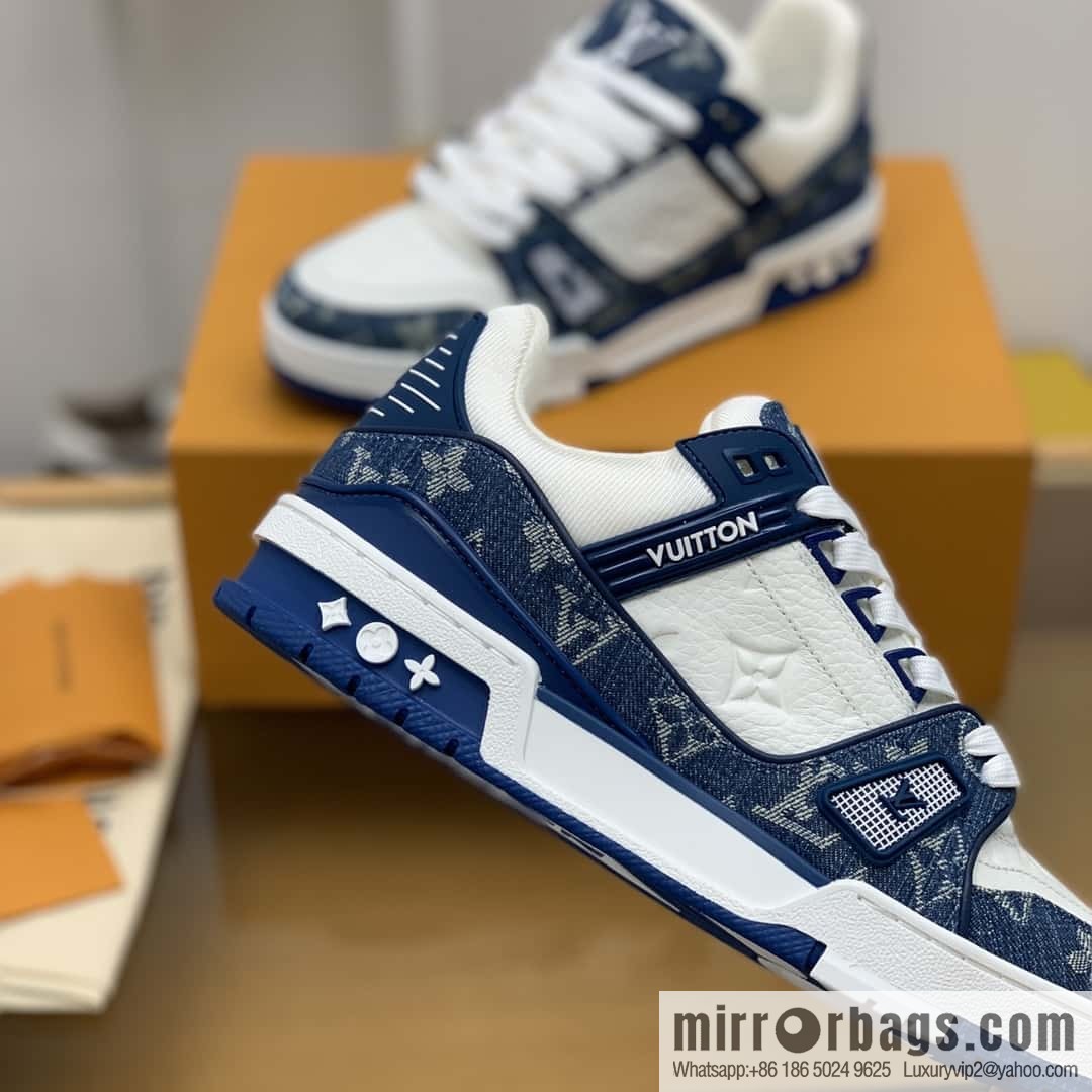 LV blue denim patchwork white leather Vuitton logo His & Hers sports running shoes