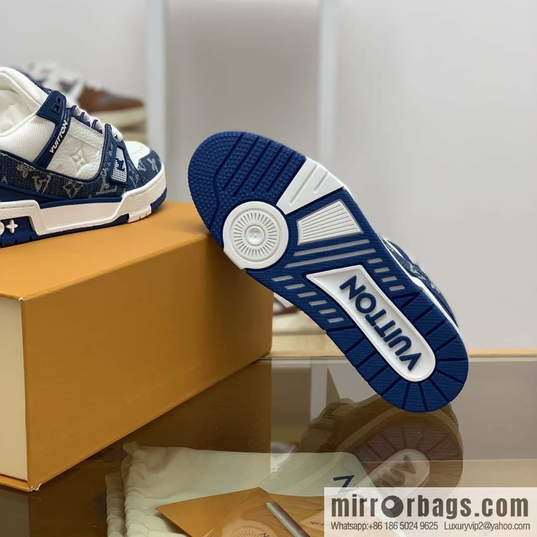 LV blue denim patchwork white leather Vuitton logo His & Hers sports running shoes