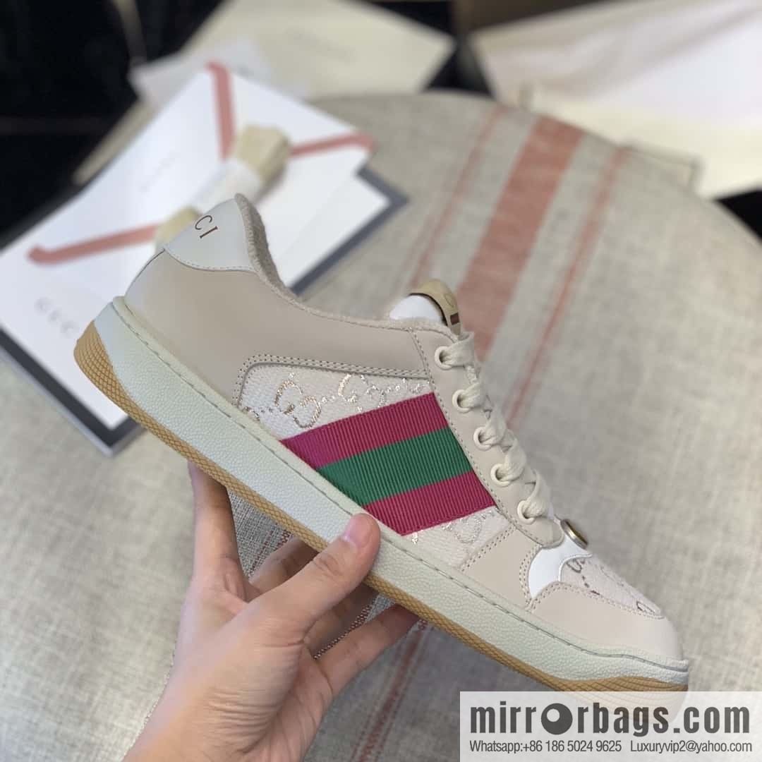 GUCCI GG gold and silver silk thread pink and green webbing, women's sneakers