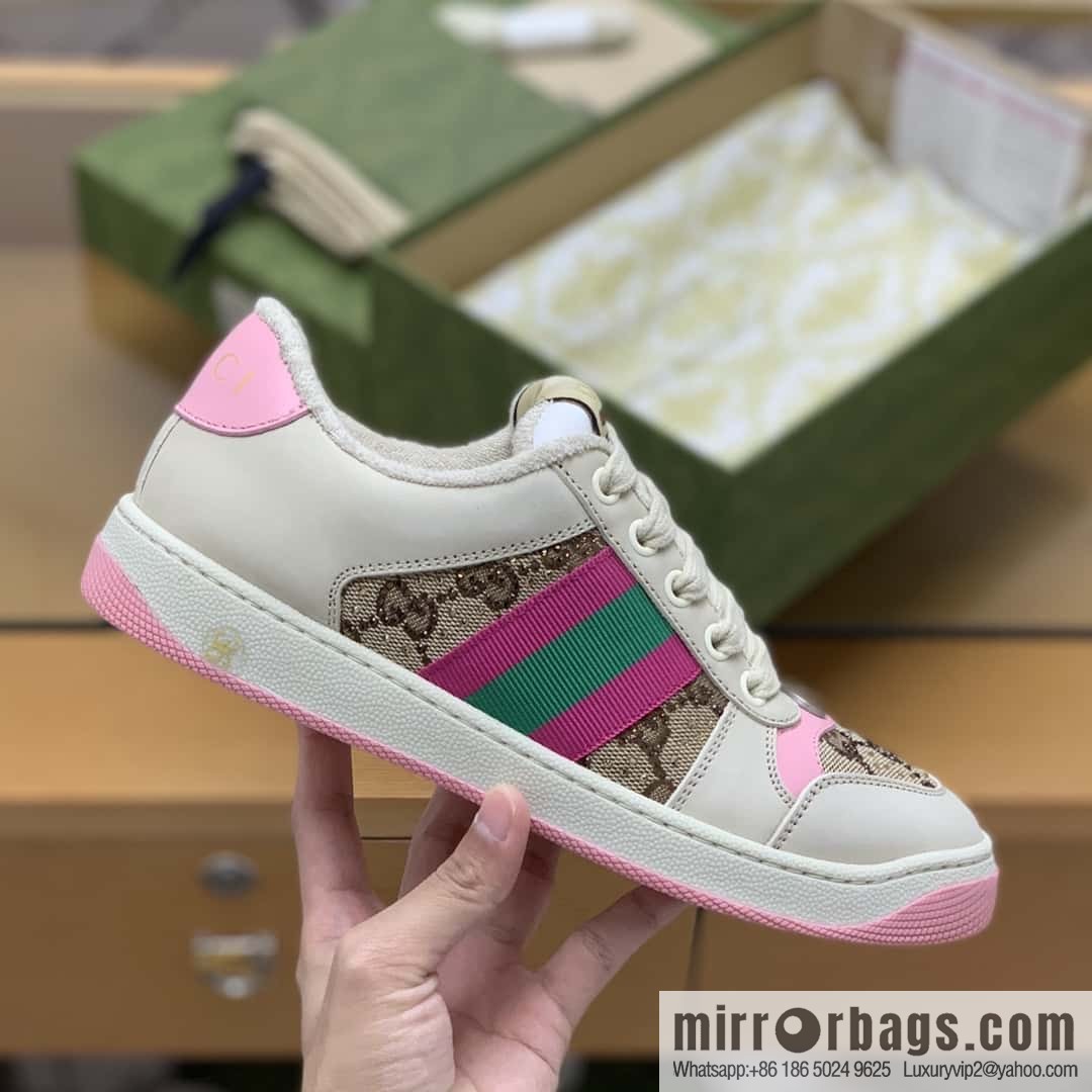 GUCCI GG canvas pink and green webbing, women's dirty shoes