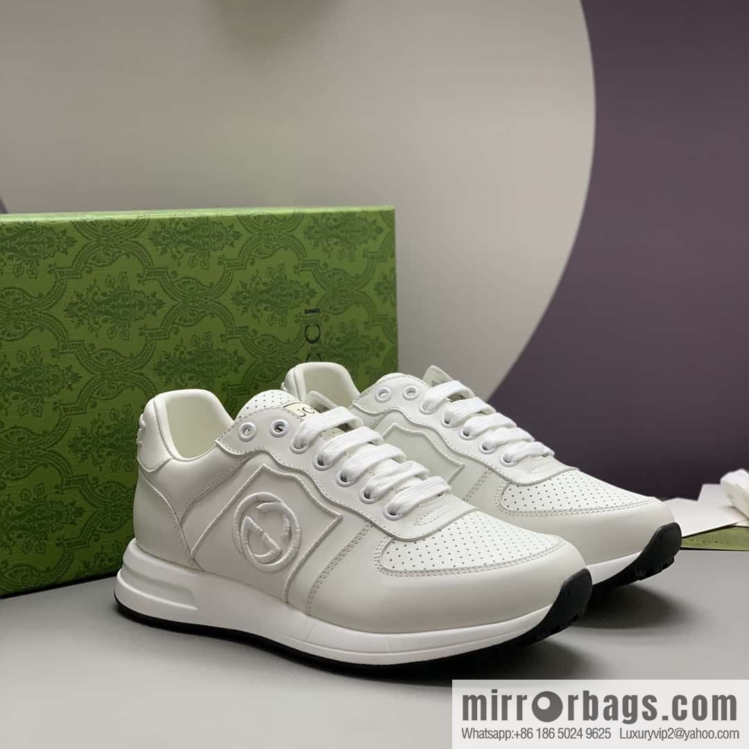 GUCCI white leather embroidery logo men's sports and leisure shoes