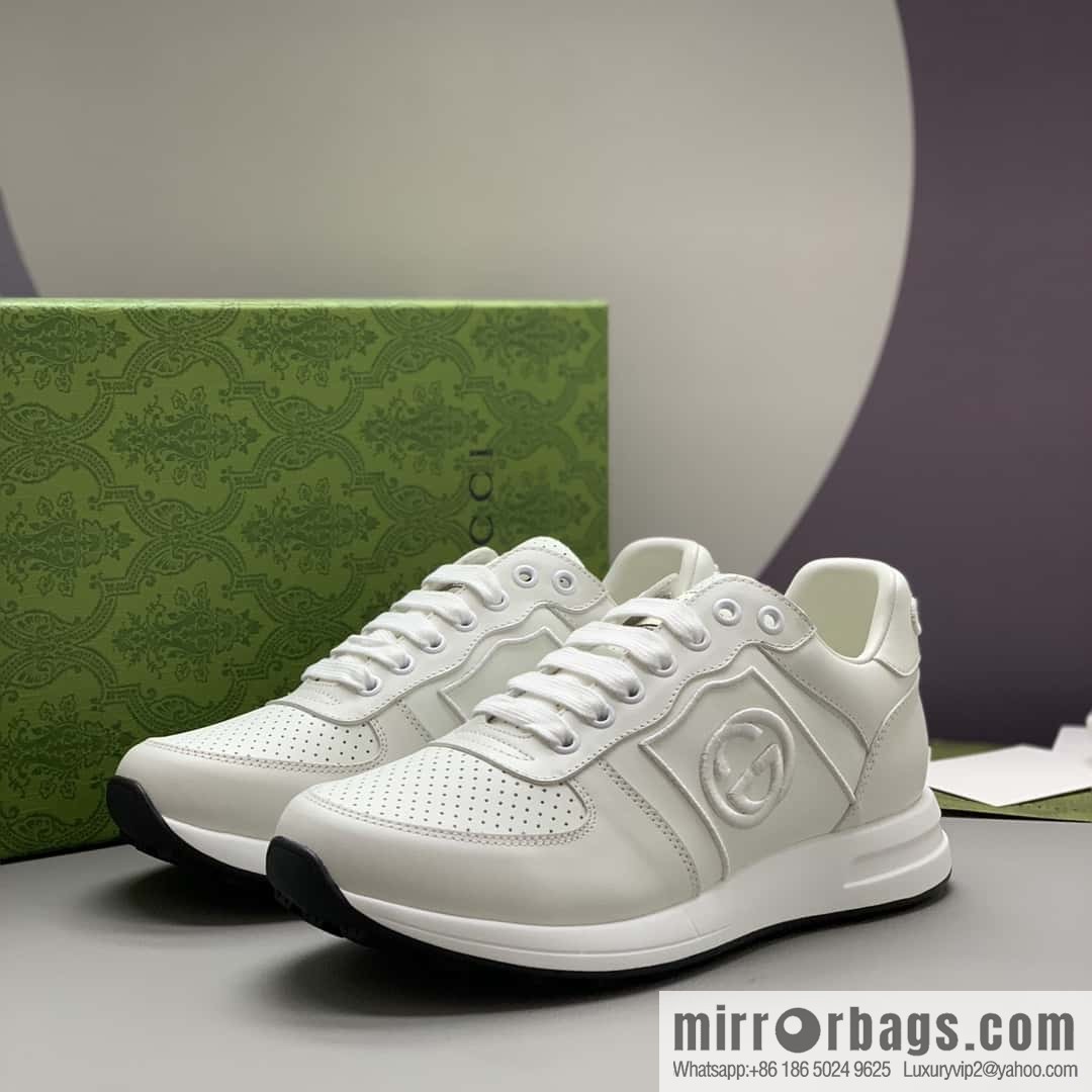 GUCCI white leather embroidery logo men's sports and leisure shoes