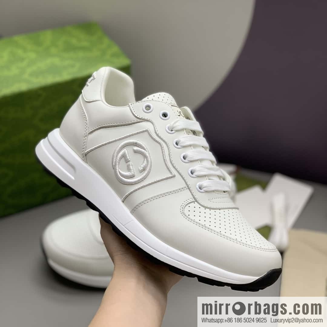 GUCCI white leather embroidery logo men's sports and leisure shoes