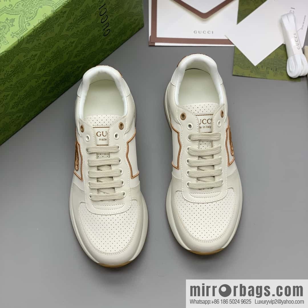 GUCCI beige leather embroidery logo men's sports and leisure shoes